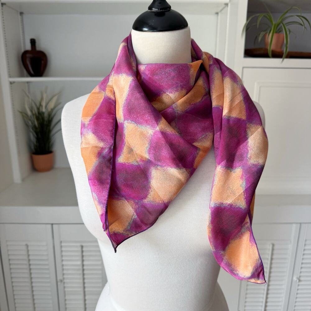 Vintage Anne Crespelle Purple Peach Geometric Diamond Print Silk Square Scarf